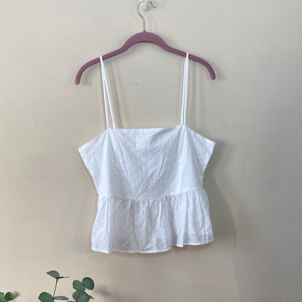 New French Connection White Eyelet Lace Peplum Camisole Tank Women's Large